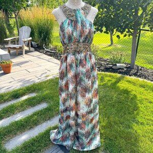 Opulence England Beaded Sequin Sleeveless Gown Cutout Halter Maxi Dress